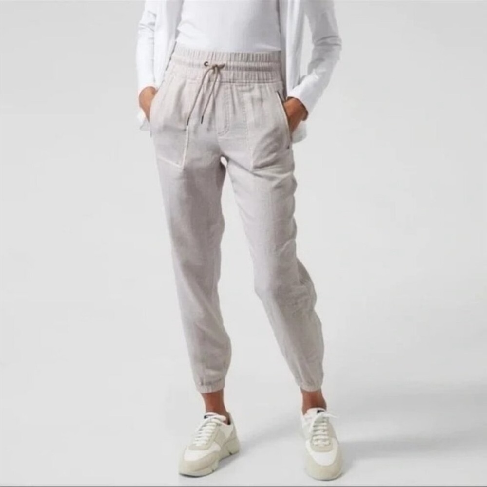 Athleta‎ White Cabo Linen Leopard Print Zip Pockets Joggers Pants Size 10